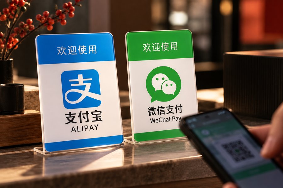 Carteles de pago con Alipay y WeChat Pay en un mostrador