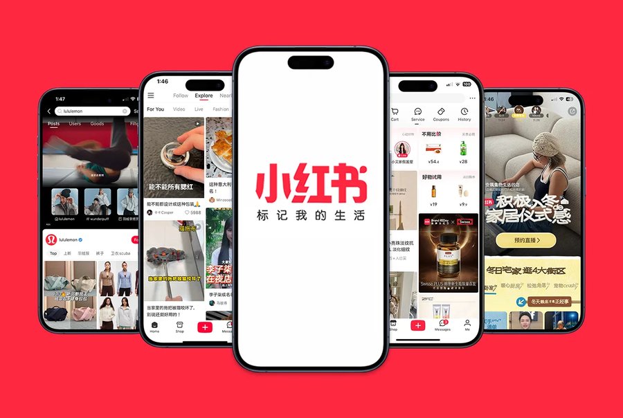 Pantallas de la app Xiaohongshu en varios móviles