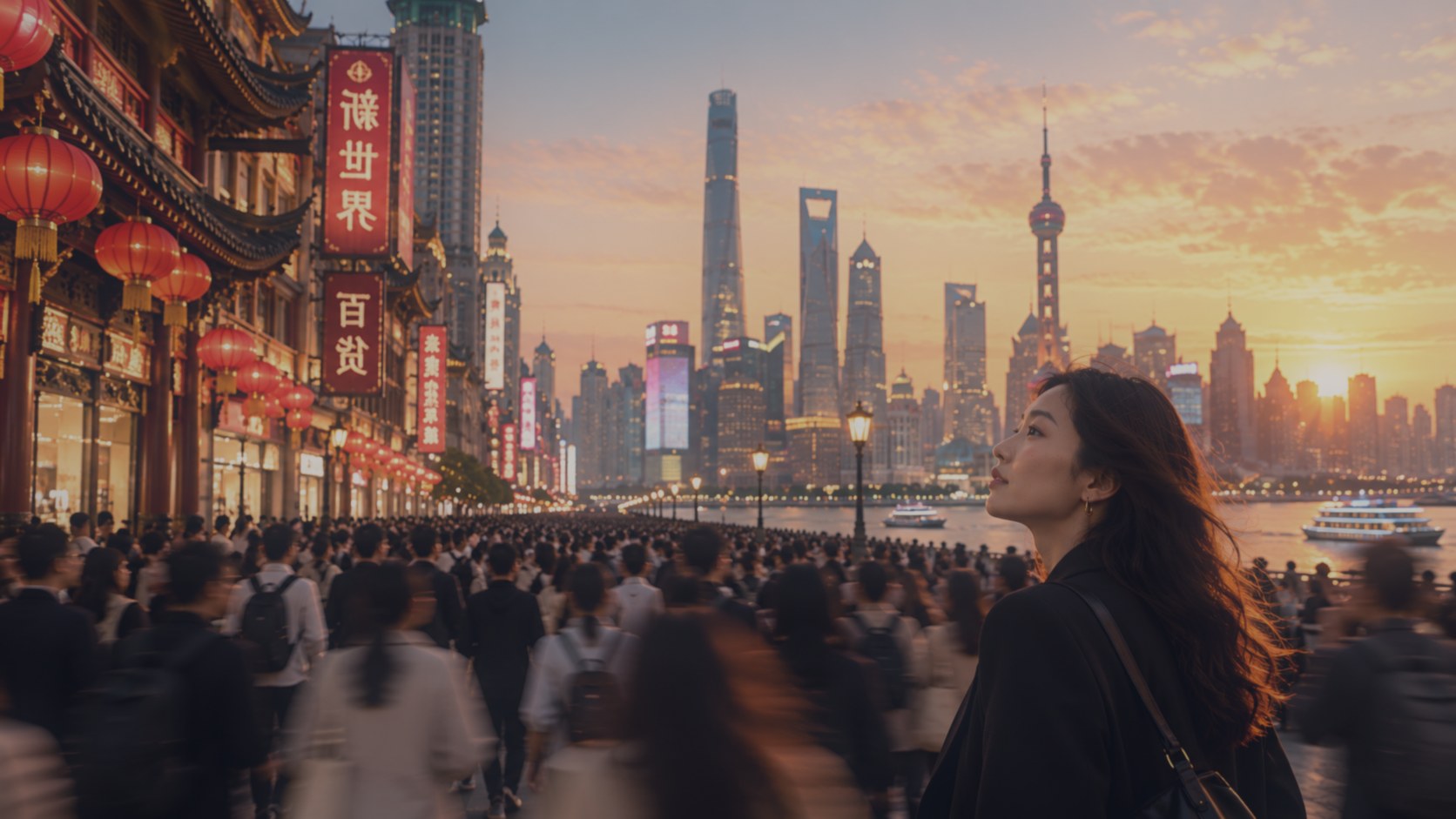 Mujer joven entre la multitud en el Bund de Shanghái al atardecer